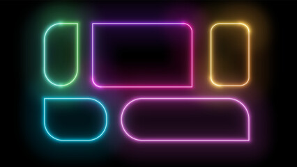 Neon frames collection of glowing rounded rectangle borders isolated on a dark background. Colorful night banners, bright illuminated shapes, vector light effect editable.
