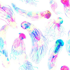 Obraz premium Pattern seamless jellyfishes PNG. Space colorful repeat texture wallpaper illustration Night galaxy watercolor jelly fishes in bright style vivid blue purple violet isolated on transparent background