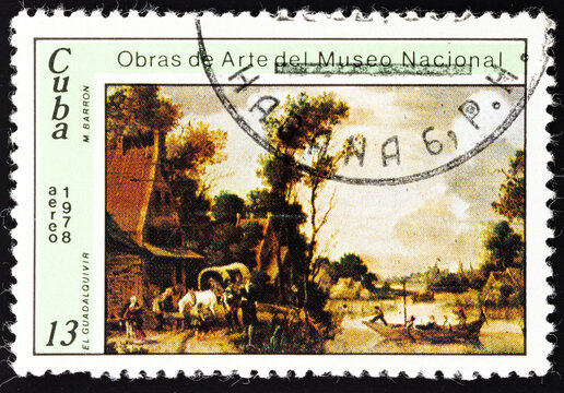 Postage stamp 'Manuel Barron y Carrillo: El Guadalquivir' printed in Republic of Cuba. Series: 'Paintings from the National Museum', 1978