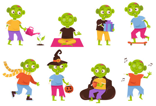 Set of cute zombies that does various things. Vector graphic. Happy Halloween.