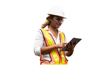 African American woman engineer wear safety uniform and helmet working with digital table on white...