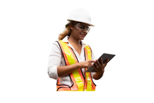 African American woman engineer wear safety uniform and helmet working with digital table on white background