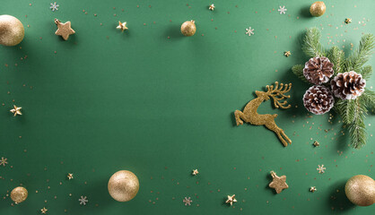 Christmas and new year background concept. Top view of christmas ball, reindeer, pine cone and...