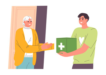 Volunteer delivers medications to an elderly woman