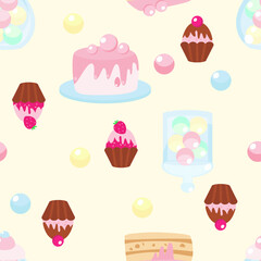 Chocolate muffins, muffins and pieces of raspberry cream cake seamless pattern jar of lollipops in cartoon style. Cartoon childrens style illustration for textiles, clothing, packaging.