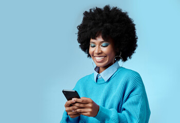 Mockup, smile and black woman with phone typing a online communication message to a contact using...