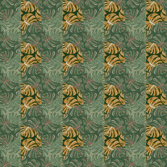 Doodle monstera mosaic seamless pattern. Botanical leaf endless wallpaper. Creative palm leaves tile.