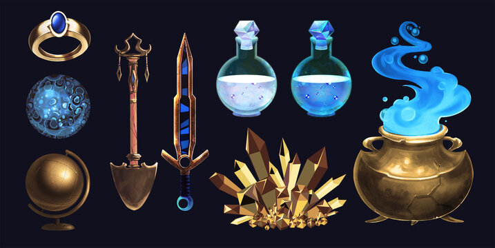 A set of isolated icons. Potions, sword, shovel, crystals, boiling cauldron, magic ring, golden globe. Objects of a medieval alchemist. Fantasy attributes. Graphic design, gui, icons.
