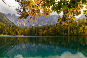 Amazing clear mountain lake in forest among fir trees in sunshine. Bright scenery with beautiful turquoise lake against the background of snow-capped mountains