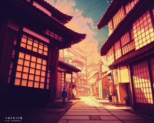 Alleyway between Japanese street houses of Kyoto