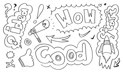 Hand drawn wow, good, idea text, Arrow, heart, love,emphasis ,swirl for concept design.