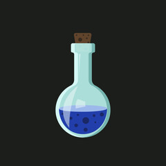 Glass bottle with magic blue potion or mana and brown cork isolated on black background. Flat style. Vector illustration