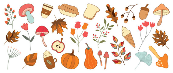 Collection of autumn element vector. Set of flowers, pumpkin, mushrooms, ice cream, ginkgo, pie, bread, apple and maple leaf. Hand drawn of autumn foliage design for decorative, print, graphic, card.