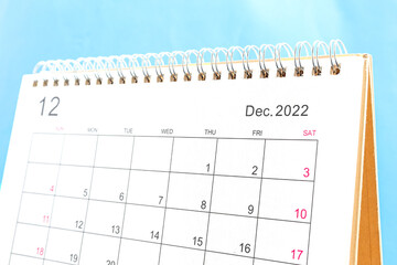 december calendar 2022 on the on a blue background.