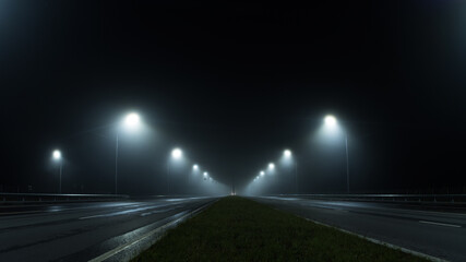 Fototapeta na wymiar thick night fog on a lighted highway . dangerous road conditions