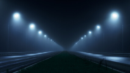 thick night fog on a lighted highway . dangerous road conditions