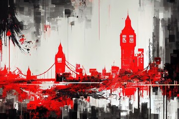 Abstract city building skyline metropolitan. concept art. crimson red abstract. digital glitch art - obrazy, fototapety, plakaty