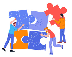 Business colleagues connecting puzzle elements. Business networking, collaboration and partnership, collaborative project, flat vector illustration isolated on white.