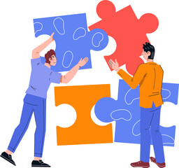 Business colleagues connecting puzzle elements in collaborative project. Collegial choice of business direction or teamwork, collaboration and partnership.