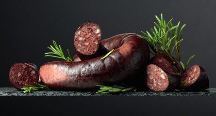 Spanish black pudding or blood sausage with rosemary.