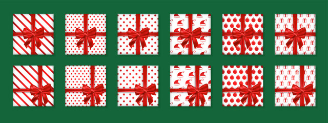 Set of Christmas gifts with decorative pattern and red ribbon.