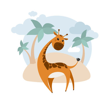 Vector illustration with one baby giraffe on small island with lots of big palm trees. Trendy print design. Wild nature. Cool cartoon sticker. Flat decorative art element for advertising banner layout