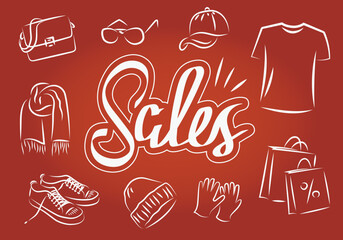 A banner drawn in a sketch style depicting clothing sales. Illustration of a bag, glasses, cap, t-shirt, shopping, gloves, hat, shoes and scarf.