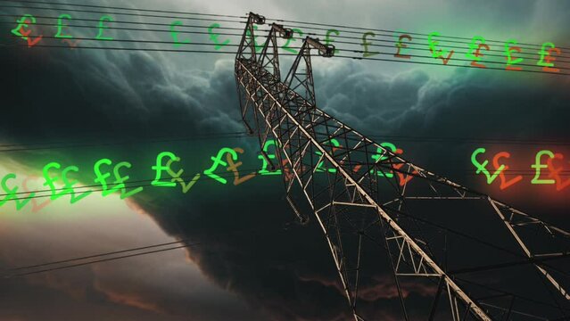 Electricity pylon showing British money moving down the power lines to show the drastic price increase in electricity bills. Power crisis concept.
