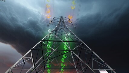 A transmission tower pylon showing the euro money symbol running down the power lines representing the global energy crisis with rising electricity costs. - Powered by Adobe