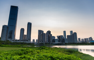 Obraz premium City buildings next to the park