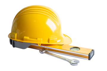 Construction helmet and tools for engineering work project on white background.