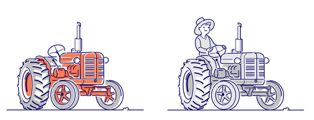 Tractor and tractor driver, set of vector line art illustrations. Red and grey versions. © StanMikov 