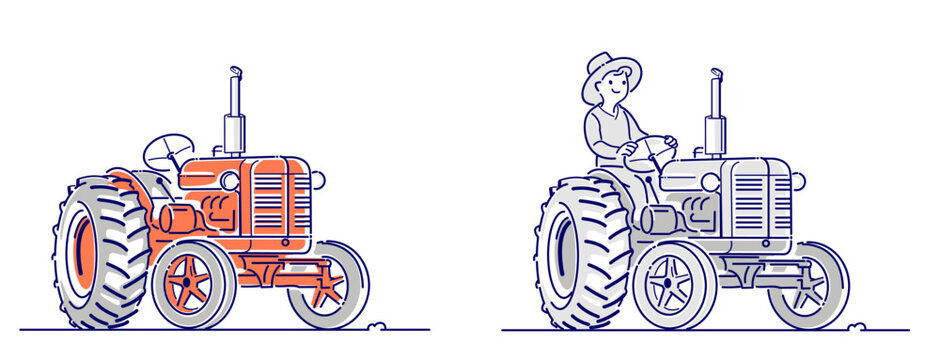 Tractor and tractor driver, set of vector line art illustrations. Red and grey versions.