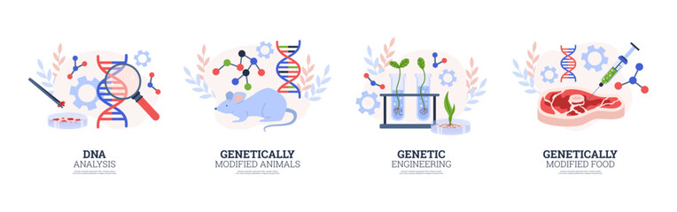 Genetic engineering and DNA modifications banners vector illustration isolated.