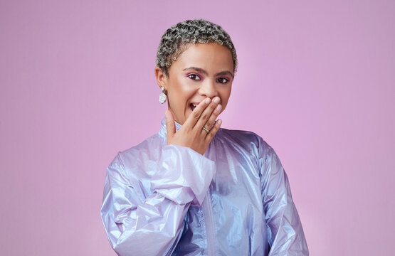 Happy, Black Woman And Secret Portrait With Studio Pink Background With Quirky And Fashionable Style. Trendy, Surprised And Wow Black Fashion Girl With Satisfied And Shocked Smile With Wall Mockup.