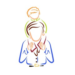 boy sits on dad's shoulders and holds his head