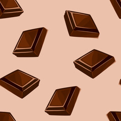 Chocolate vector background. Pieces of dark chocolate bar seamless pattern. Cartoon illustration.