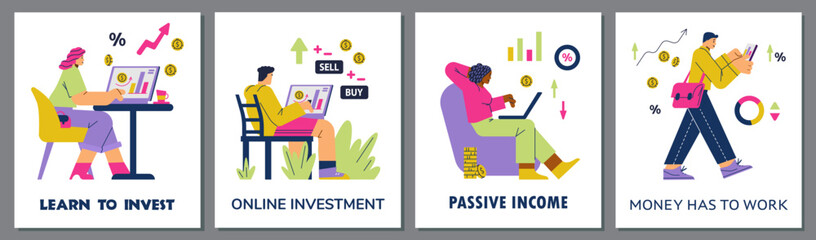Online investment and passive income posters set, flat vector illustration.