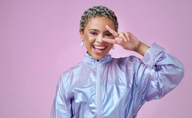 Fashion, peace and woman in studio portrait with peace sign and fancy jacket and cool hairstyle...