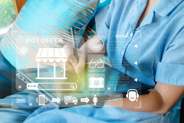 Businessman online shopping, spending money, work from home concept, ordering or selling online with modern concept of people at home.