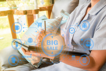 Businessman online shopping, spending money, work from home concept, ordering or selling online with modern concept of people at home.