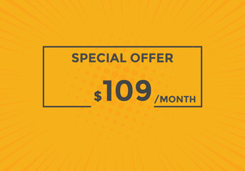 $109 USD Dollar Month sale promotion Banner. Special offer, 109 dollar month price tag, shop now button. Business or shopping promotion marketing concept
