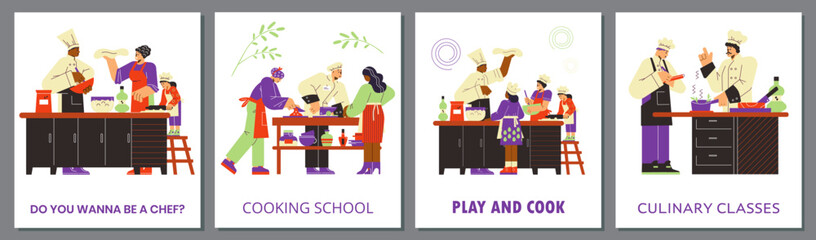 Set of posters about culinary classes and cooking school flat style