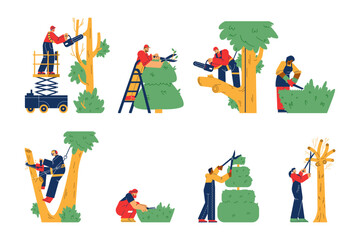 Garden workers trim the trees set of flat vector illustrations isolated. - obrazy, fototapety, plakaty