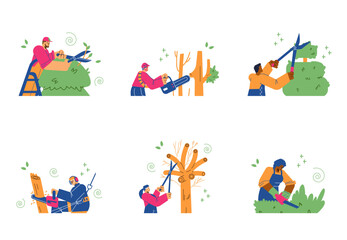 Gardening maintenance and pruning service banners vector illustration isolated.