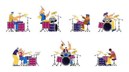 Set of male and female drummer characters flat style