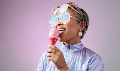 Fashion, ice cream and black woman with sunglasses for futuristic vaporwave style with holographic...