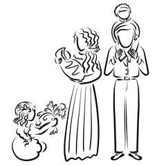 family mother with a child in her arms, father with a boy on his shoulders and a girl with flowers black and white drawing