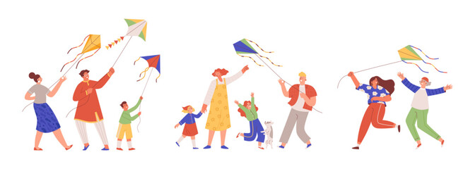 Families with children and couples playing with kite, flat vector isolated.