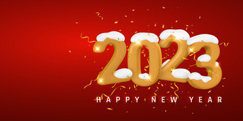 Happy New Year 2023 cover. Yellow numbers 2023 with white snow and confetti on red background. Vector illustration